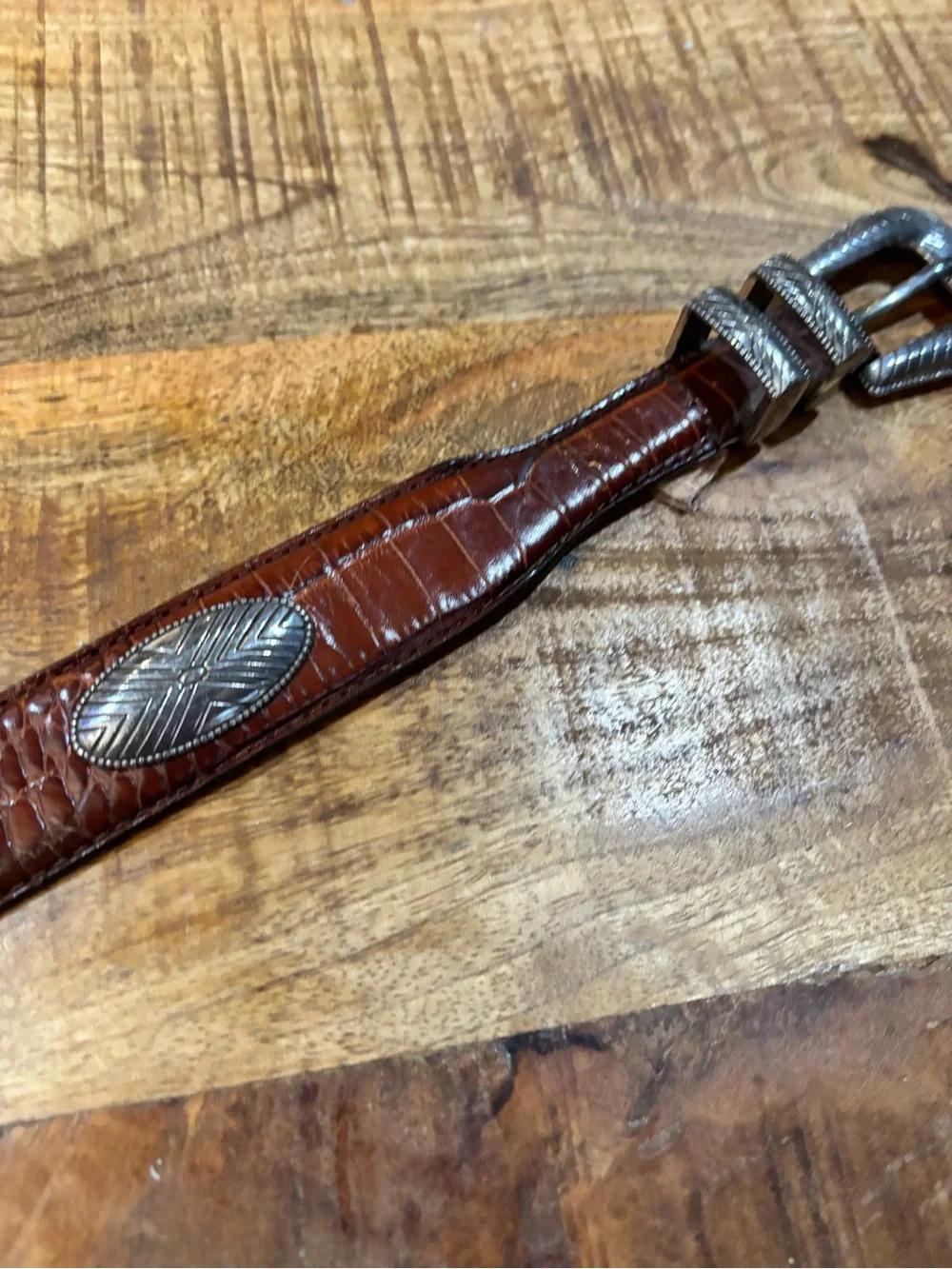 Fossil Men's Brown Leather Belt with Decorative Silver Buckle